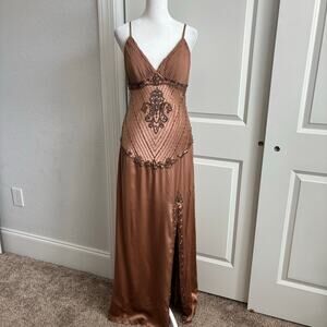VTG Sue Wong Silk Y2K Brown Fairy Regal Gatsby Maxi Beaded Dress 8 Formal